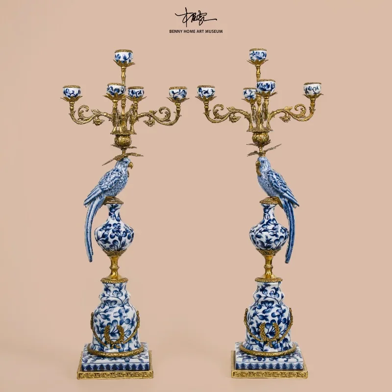 HX14 New Chinese blue and white ceramics, copper parrot, candle holder, porch fireplace decoration