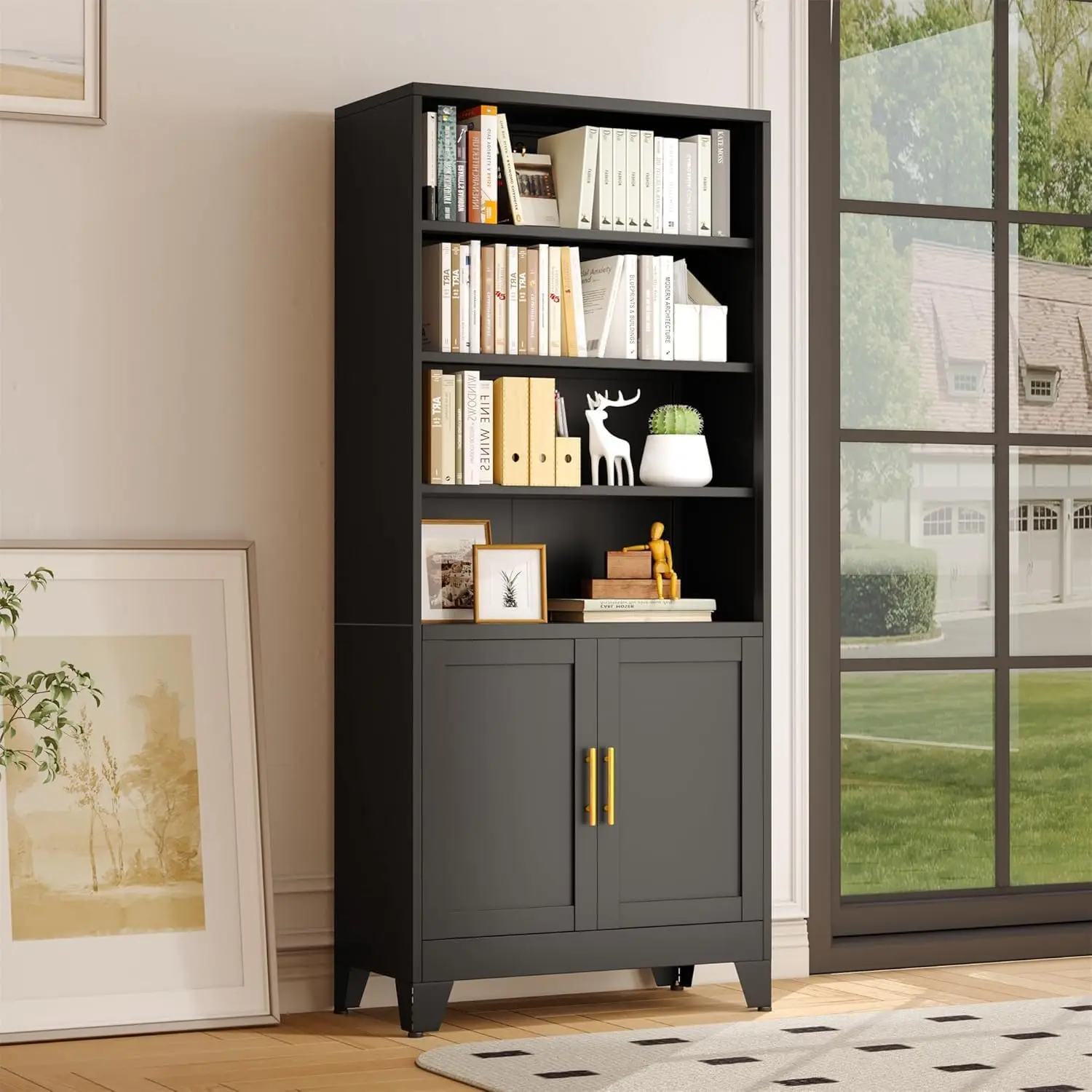 71" H Tall Metal Bookcases and Bookshelves with 2 Doors and Adjustable Shelves,Tall Storage Cabinet Industrial