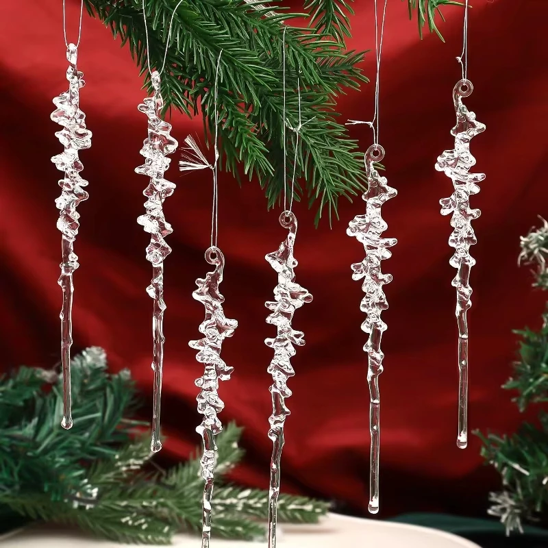 Transparent Christmas Pendant Clear Acrylic Icicle Drop Ornament Xmas Tree Pendant Snow Ice Cone Threaded Festival Supplies