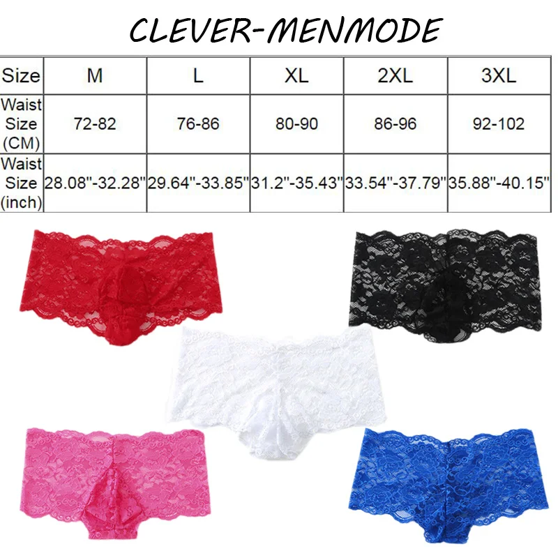 Men\'s Sexy Lace Boxer Flora See Through Underwear Exotic Transparent Sissy Crossdressing Lingerie Breathable Bulge Pouch Panties