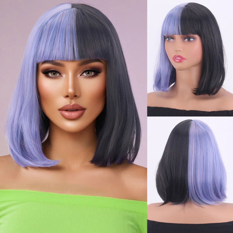 European and American women's wigs, fashionable , fluffy two-tone bob with bangs, short straight hair, natural synthet