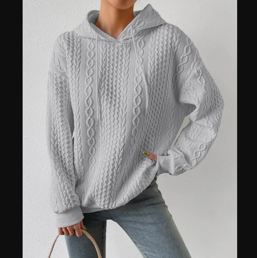 Women's Oversized Medium Weight Long Sleeve Solid Color Hoodie with Drawstring Casual Mid-Length Jacquard Women's Sweatshirt