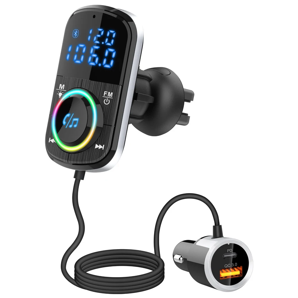 1PCS Car FM Transmitter Car Charger Bluetooth 5.0 QC 3.0 Fast Charge PD Car Charger MP3 Music Player Ambient Light TF Card