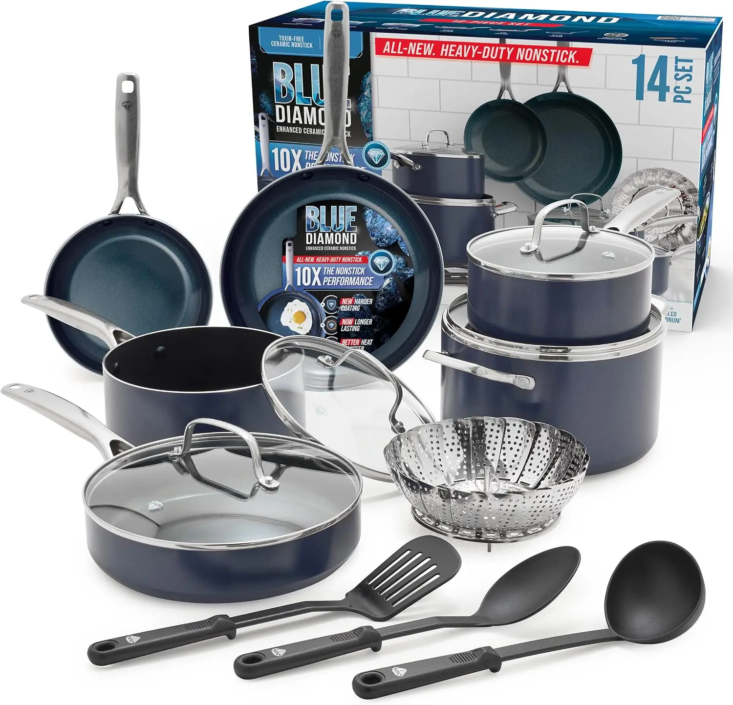 14 Piece Cookware Set, Diamond Infused PFAS & PFOA-Free Ceramic Nonstick Pots and Pans, Durable, Non Toxic, Metal Utensil Safe &