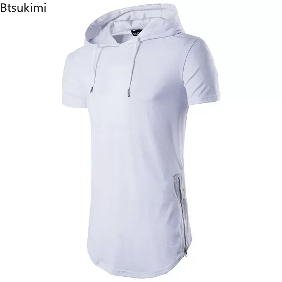 2025 Men\'s Summer Short Sleeve Hooded T-Shirt Solid Long Hip Hop Tops Fashion Side Zipper Streetwear Casual Sport Tees for Men