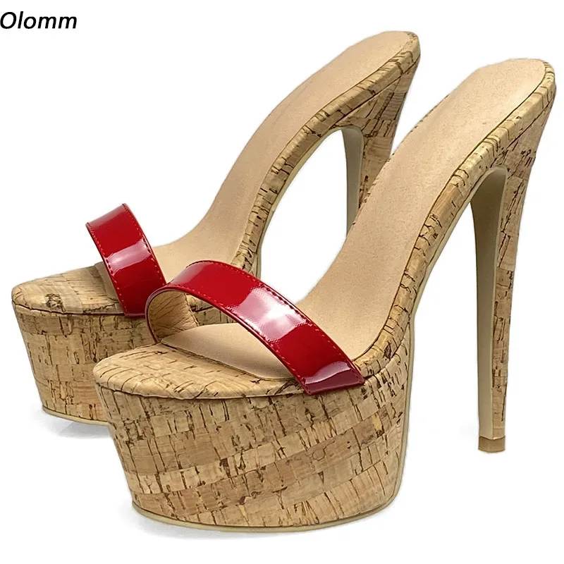 

Olomm Women Platform Mules Sandals Patent Leather Sexy Stiletto Heels Open Toe Pretty Red Pink Party Shoes US Plus Size 5-20