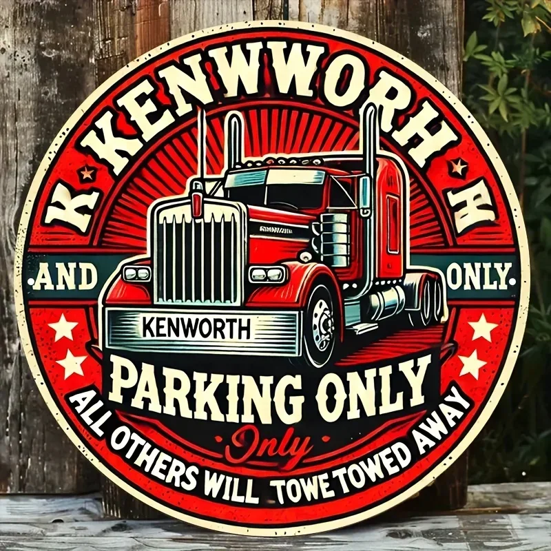 1pc Vintage 8x8 Inch Round Aluminum KENWORTH Truck Parking Only Sign - Classic Red Semi-Truck Design with Bold Lettering - Perfe