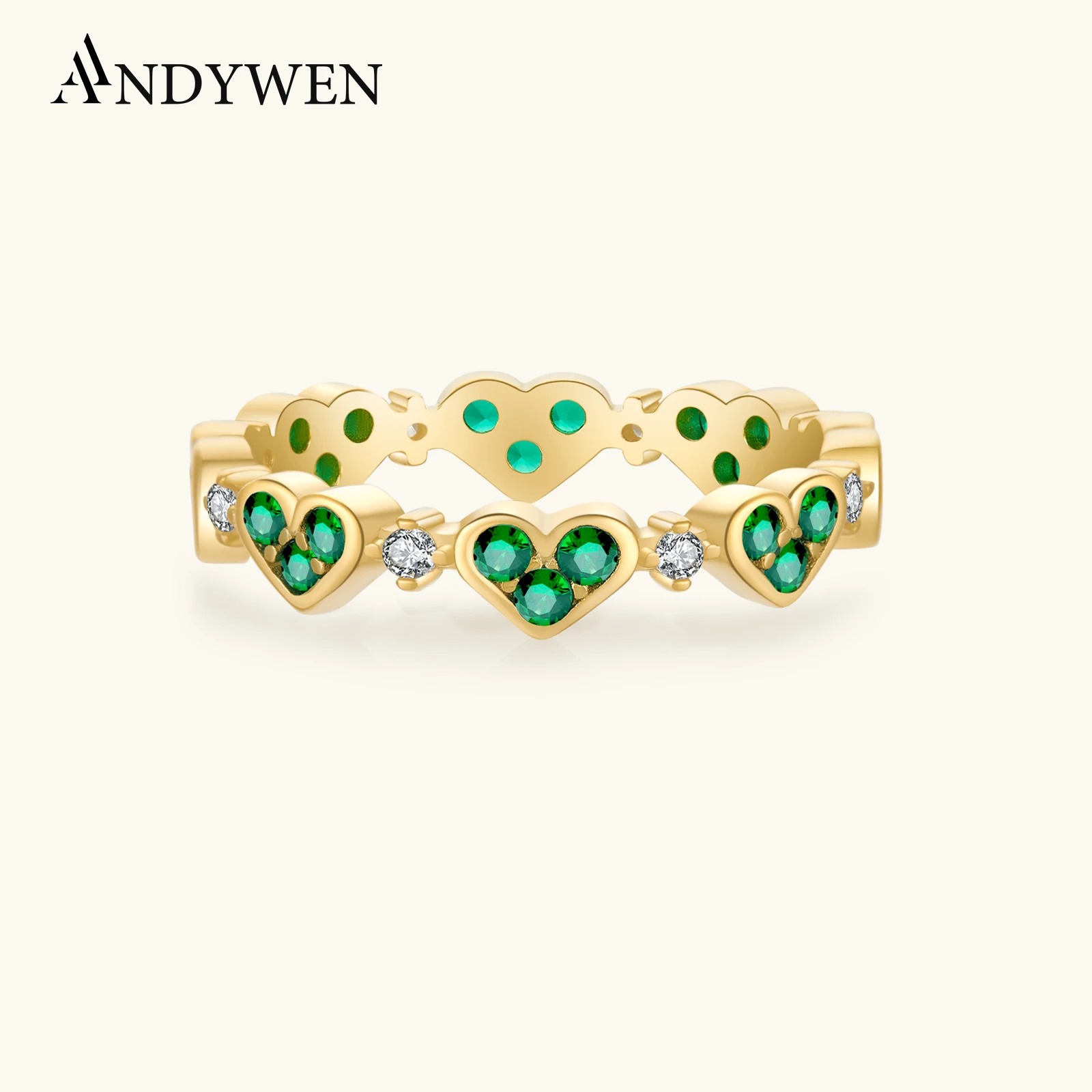 

ANDYWEN, новое кольцо из стерлингового серебра 925 пробы с зеленым фианитом и цирконием в форме сердца, роскошные ювелирные изделия, 2021, свадебные повседневные ювелирные изделия с кристаллами, подарок