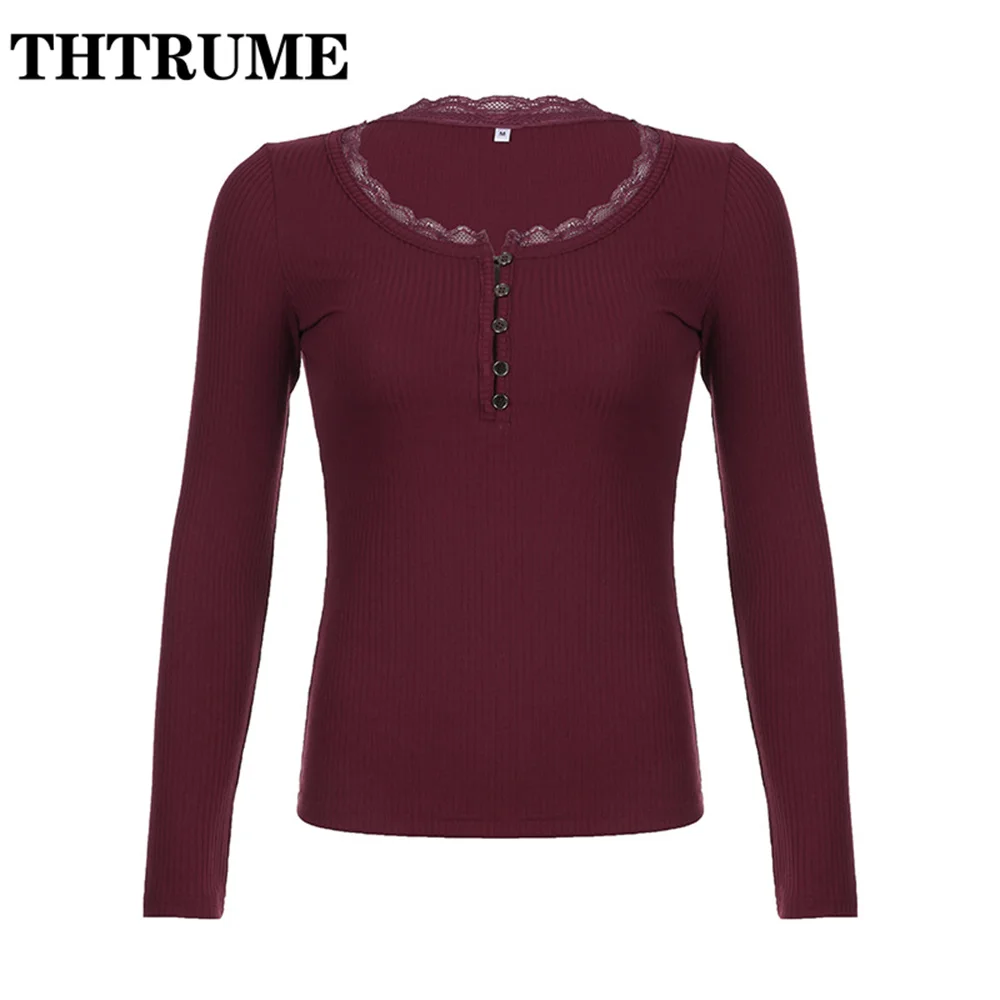 Autumn Long Sleeve Red T-Shirts Fashion Women Slim Ribbed Retro V-Neck Vintage Crop Tops Casual Communte Button Chic Lace Tees