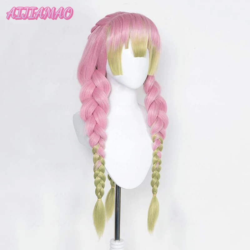 Mitsuri Oke Roji Anime Cosplay Perruque + WigCap, Cheveux Longs, Rose, Vert, Degré de Chaleur, Costume