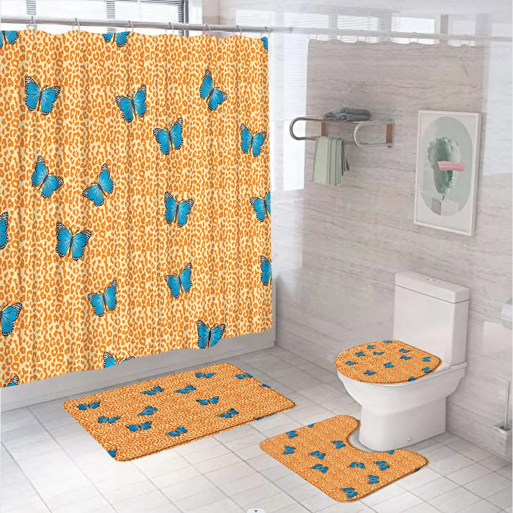 

Leopard Butterfly Bathroom Shower Curtain Sets Bath Mat Toilet Lid Cover Rug Wildlife African Animal Jaguar Cheetah Skin Screen