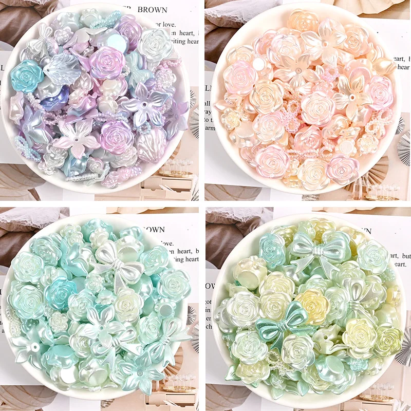 50g ABS 3D Half Round Flower Bow Flatback Alien Pearls Non Hotfix Rhinestones Pearl Scrapbook Embellishments DIY Crafts Jewelry