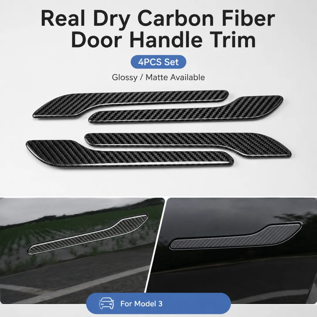 Real Dry Carbon Fiber Door Handle Cover Trim 4PCS Set For Tesla Model 3 Highland 2024+ Glossy Matte Interior Decoration