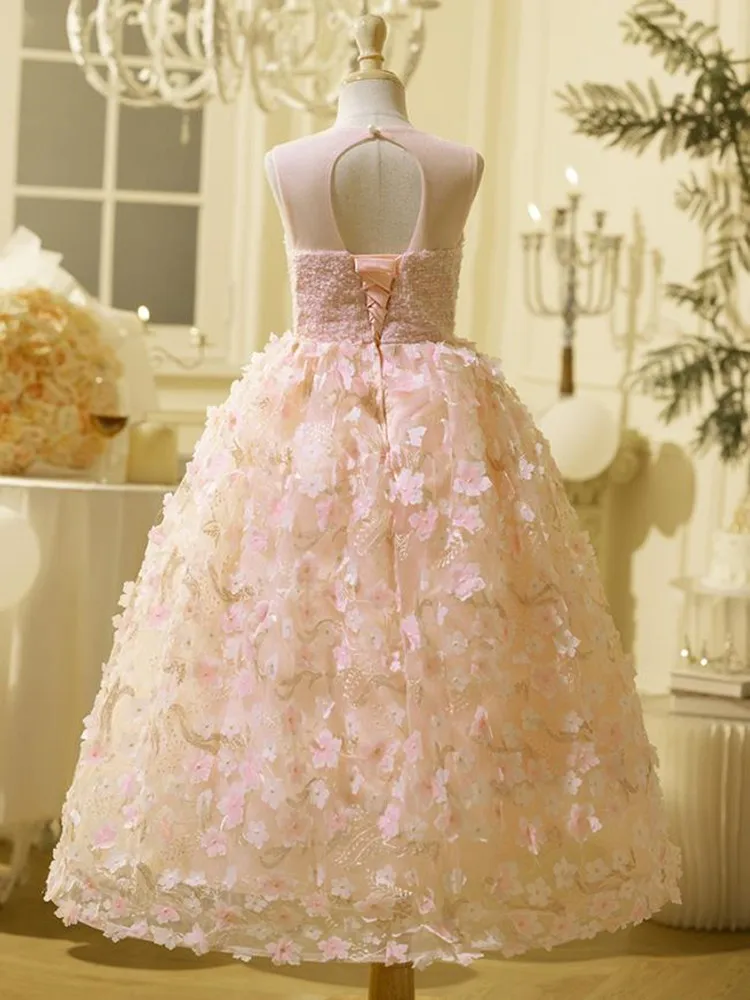 Vestido de noite rosa infantil para piano, vestidos de dama de honra, casamento, aniversário, meninas, A4128