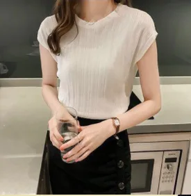 1pcs Summer Women Knit T-Shirt Lady Short-Sleeve Round-Neck tShirt Female Sexy Loose Tee Girl Fashion Pullover Commuting Tops