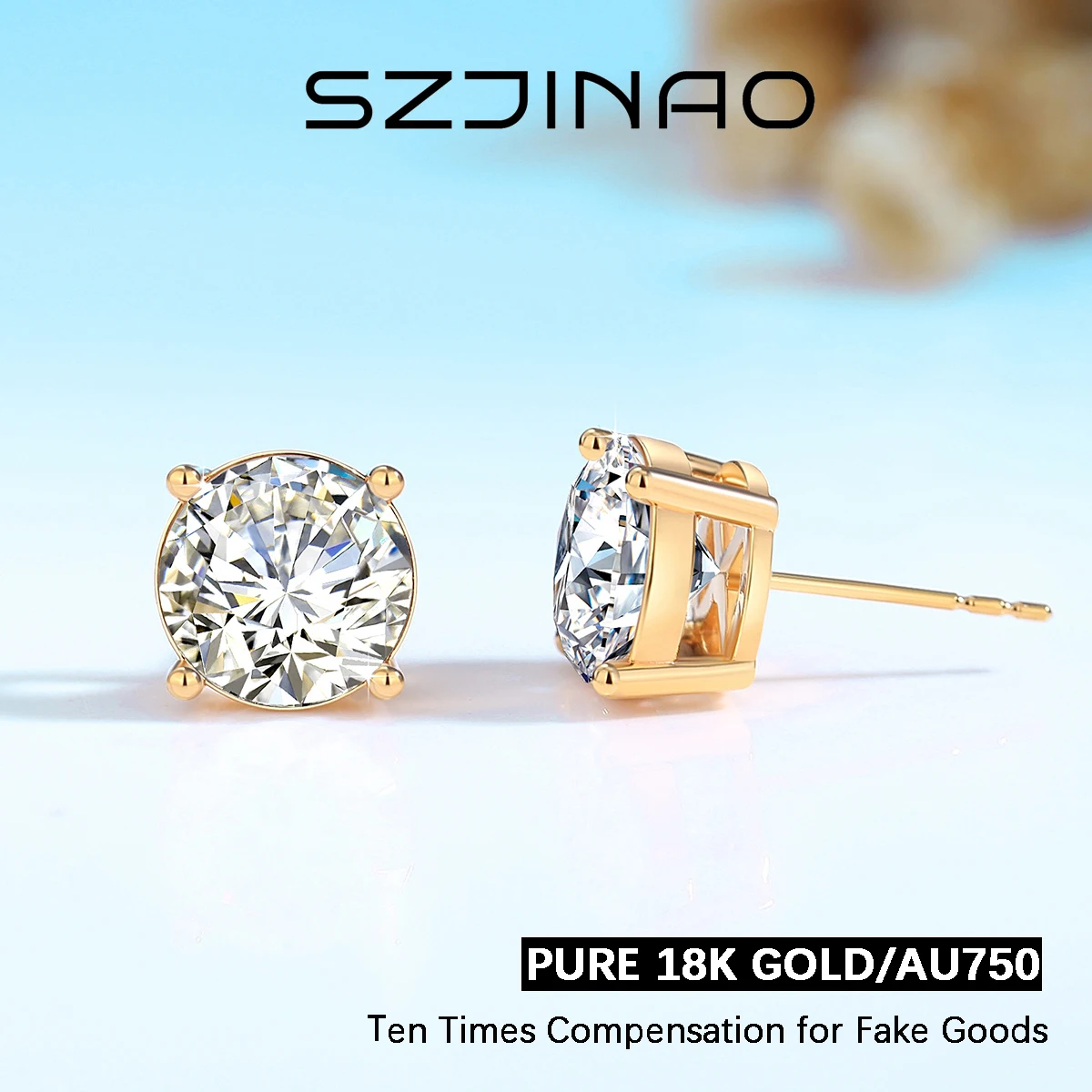 Szjinao 18K Yellow Gold 2CT Moissanite Stud Earrings Brilliant Cutting Diamond Earrings D VVS for Women Wedding Fine Jewelry