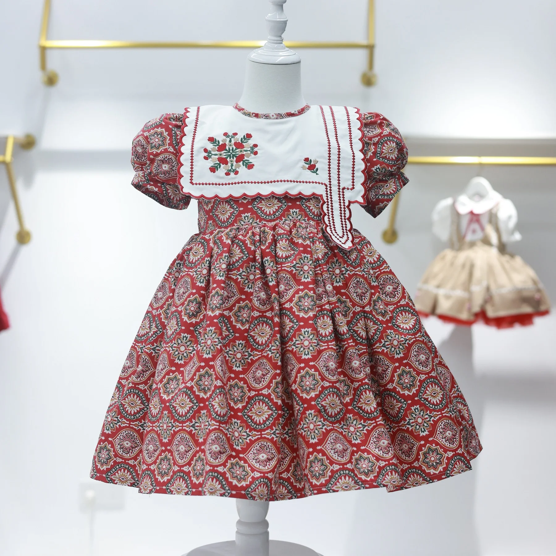0-12Y Baby Girl Summer Embroidery Vintage Princess Red Floral Dress for Birthday Photography Holiday Eid Christmas B263