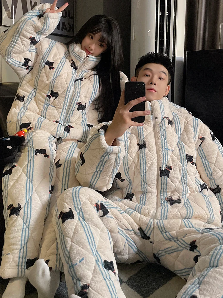 

DAIMELU couple pajamas women's autumn sleepwear winter coral fleece piled and thickened three-layer padded jacket men's lounge