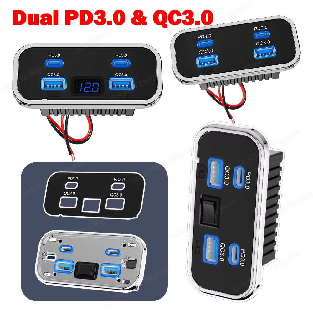 

4 Ports 12V USB Outlet Dual QC3.0 & Dual PD3.0 Type-C Fast Charger Port Power Outlet Wall Mount Charger Panel for Bus RV ATV