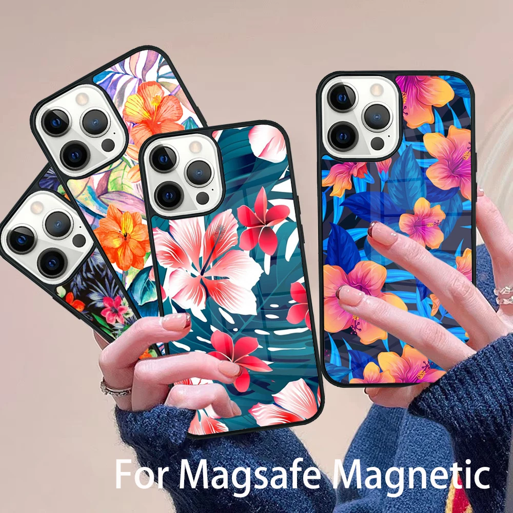 

Colorful Tropical Flowers Phone Case Magesafe Magnetic Wireless Charge Cover For IPhone 16 11 12 13 14 15 Pro Max Plus Mini
