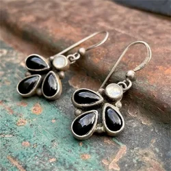 Bohemian Water Droplet Inlaid with Black Stones Earrings Vintage Silver Color Metal Dangle Earrings for Women Jewelry