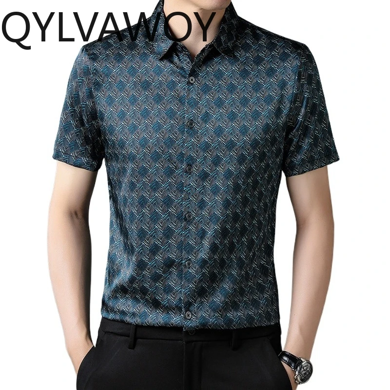 QYLVAWOY 93% Mulberry Silk Shirts for Man Summer Men's Shirts Printed Short Sleeve Shirt Tops Casual Menswear Clothing Premium