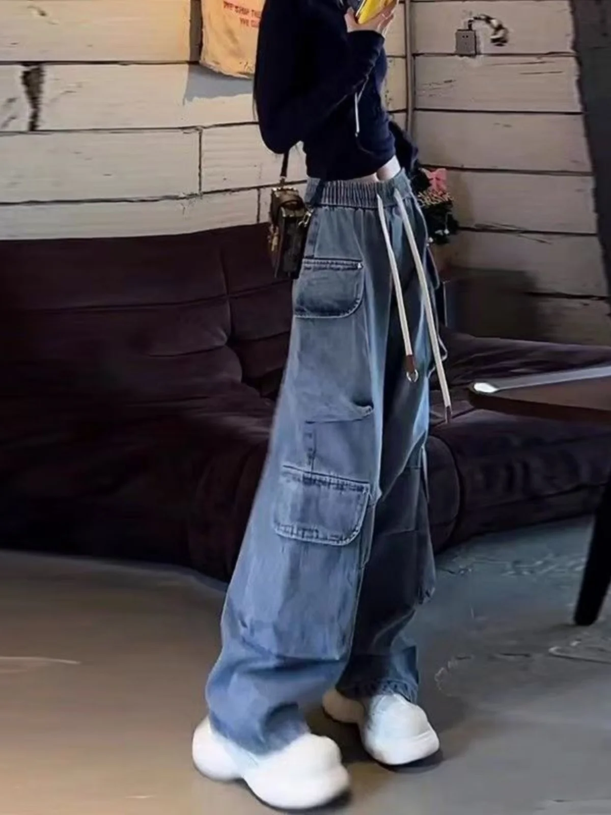 Retro High Waist Straight Leg Drawstring Women's Jeans Spring 2025 Large Pocket Versatile Wide Leg Pants Casual Style