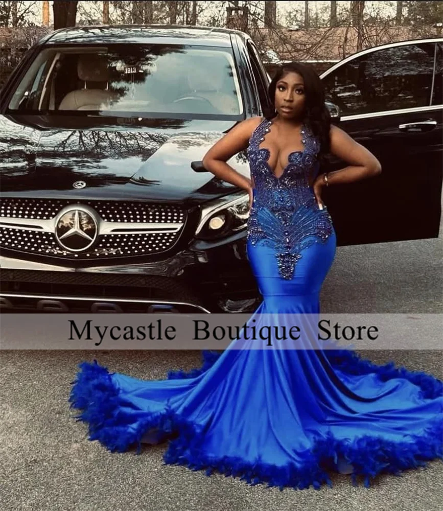 Elegant Royal Blue Prom Dresses 2024 For Black Girl Luxury Rhinestone Crystals Feathers Birthday Party Dress Vestidos De Gala