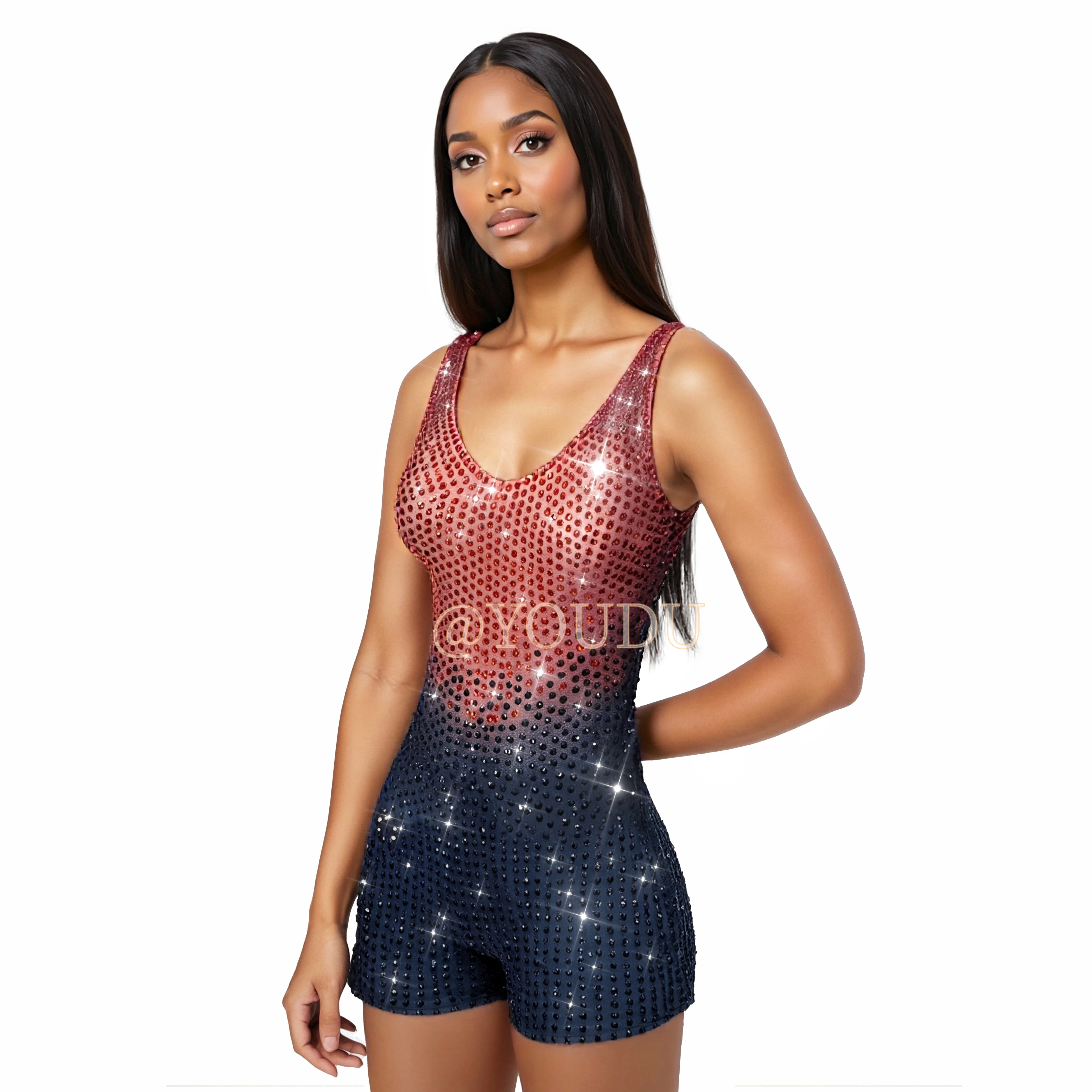 

Twinkling Little Rhinestones Sleeveless Bodysuit Singer Dancer Perform Blingbling Outfit Party Show Bar Sexy Costume Hongmoku