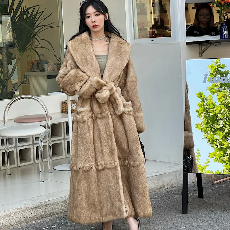 2023 Winter Women Red Real Rabbit Fur Coats Natural Whole Skin Rabbit Fur Long Jackets Overcoat Luxury Winter