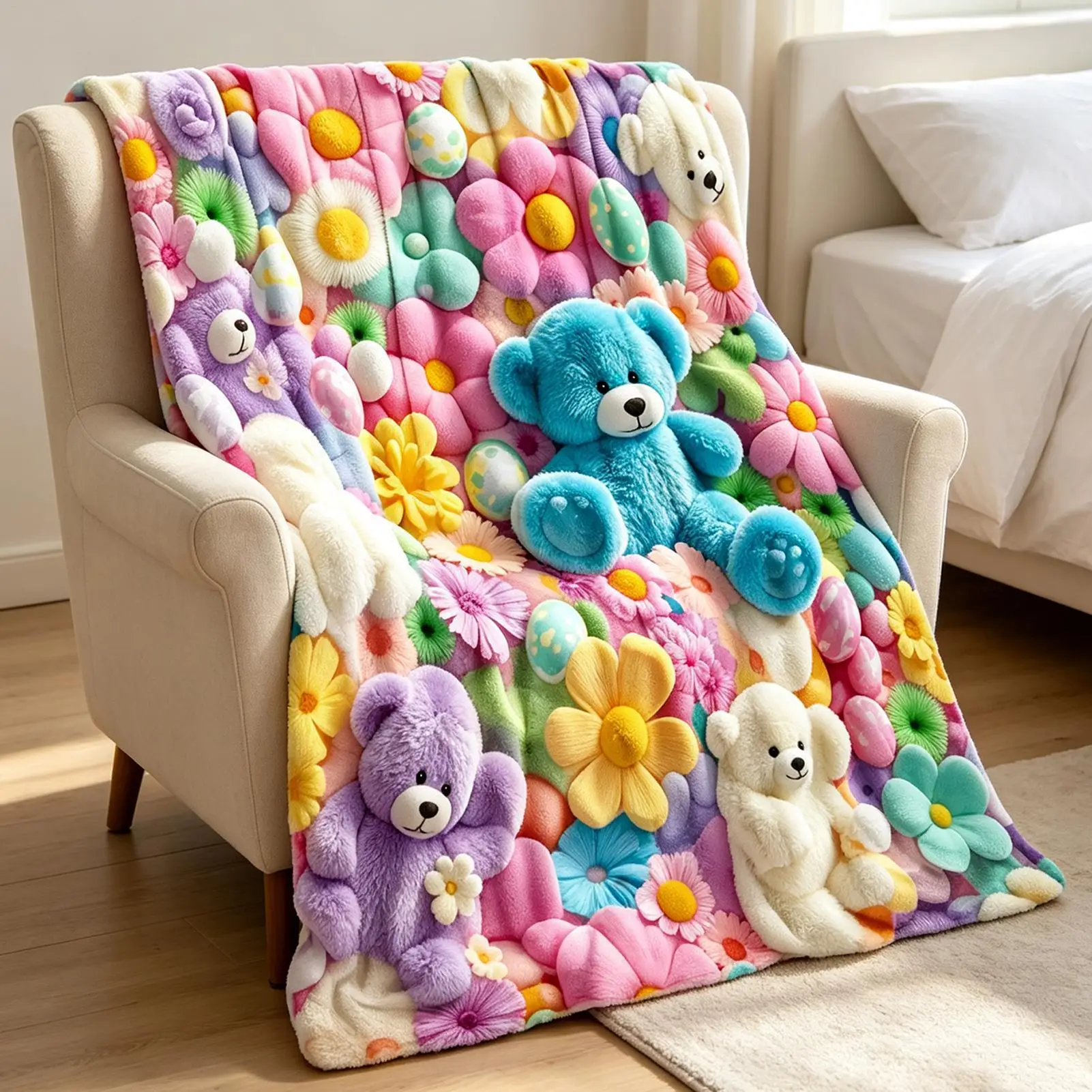 3D Fluffy TeddyBear Color Floral Sweet Cartoon Lovely Pattern Soft Blanket Fit Living Room Bed Travel Multi-scene Home Daily
