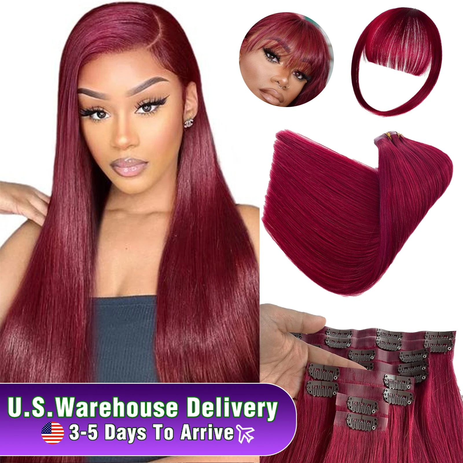 Burgundy Red Clip in Hair Extension Human Hair 12A Real Human Hair Extensions #99j Straight Human Hair Clip In for Women 18-24in