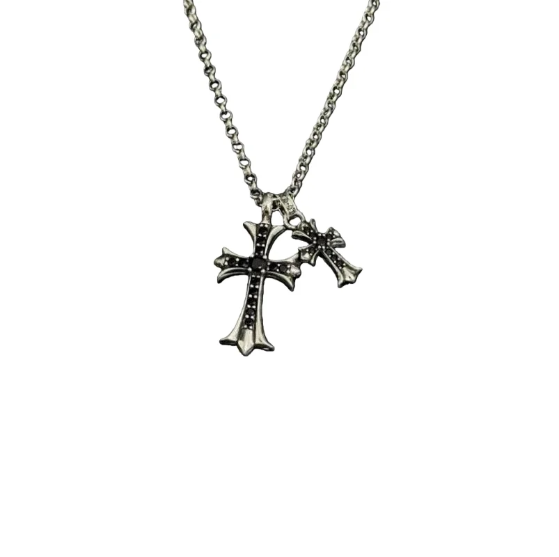

Silver-Tone Double Cross Pendant Necklace with Black Rhinestones – Dark Gothic Edgy Statement Jewelry