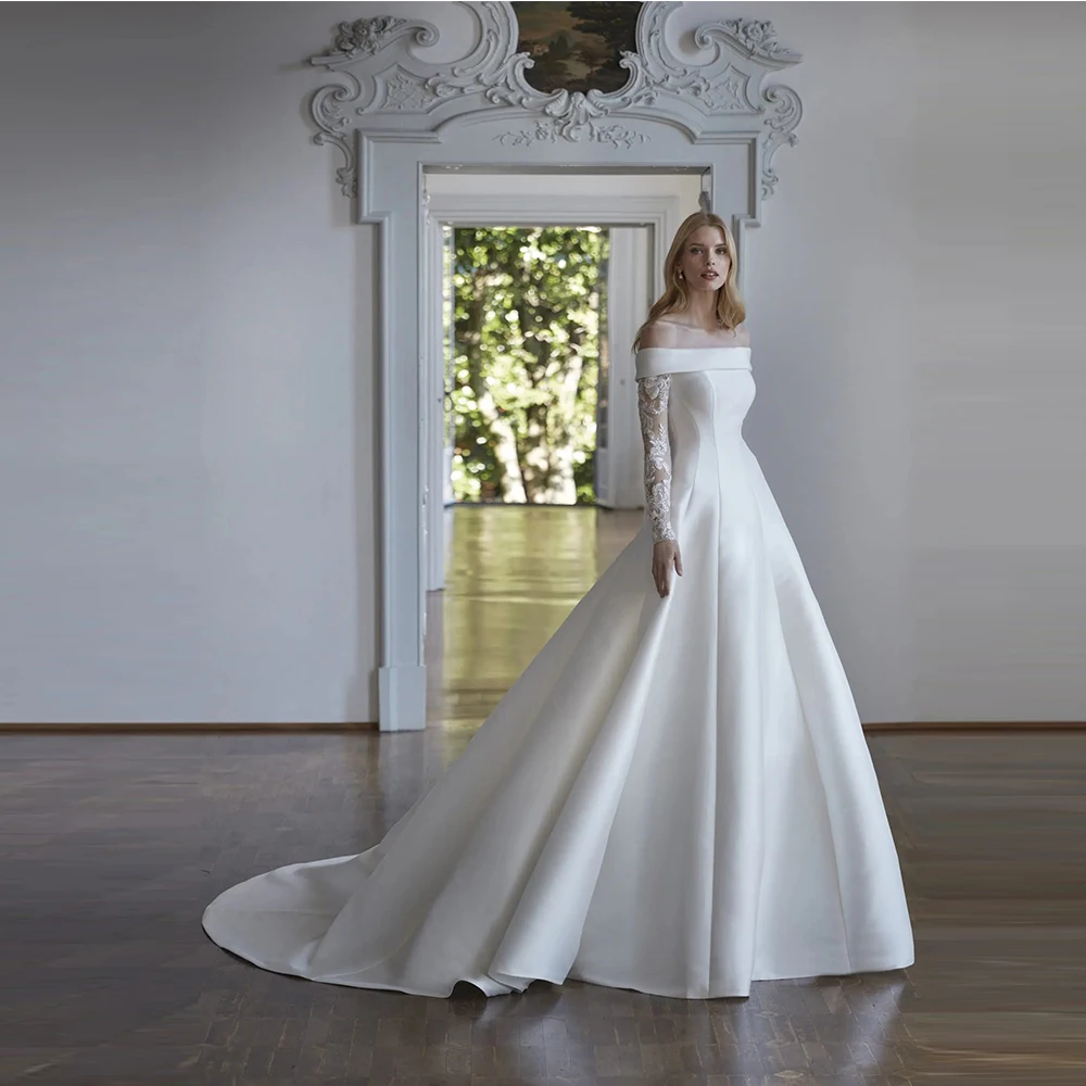 Customized Romantic Sequin Wedding Dress Off-the-Shoulder Long Sleeves Shiny Satin Bridal Gown Features Button Back Sweep Train