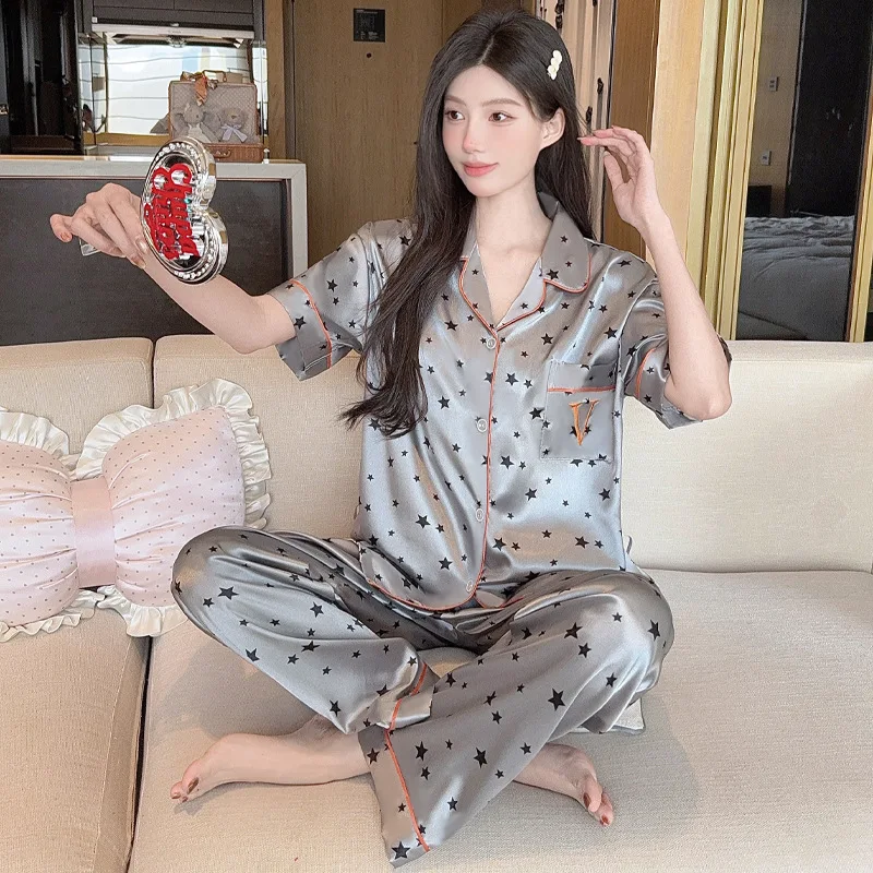 Korean-Style High-Appearance Ice Silk Pajamas for Women, Short-Sleeve and Long Pants, Loose, Breathable, Printed Homewear Set