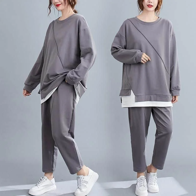 Pants Set Casual Oversized Long Sleeve T-shirts Elastic Waist Harem Pants Patchwork Korean Style Two Piece Sets Women Outfits
