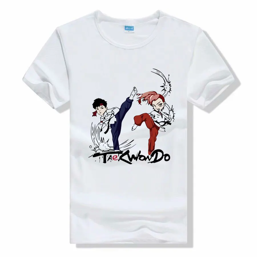 Taekwondo T-shirt round neck short sleeve kids student white bird\'s eye breathable quick-drying cartoon print training uniform