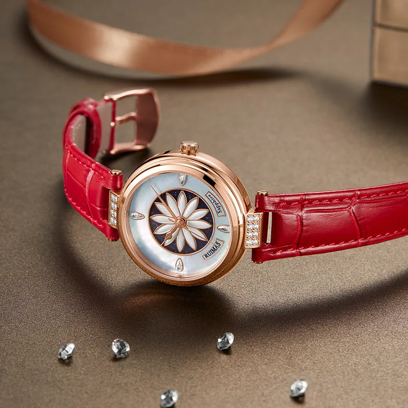 Женские автоматические механические часы RUIMAS 6776, модные элегантные серебристо-белые наручные часы с кожаным ремешком и цветочным рисунком бриллиантов для дам