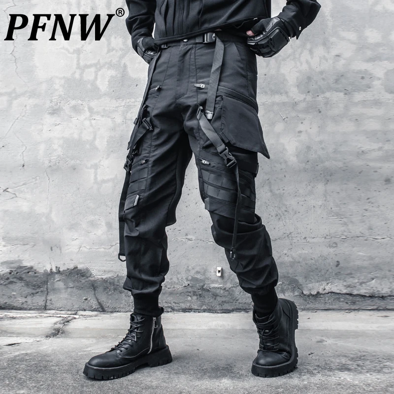 PFNW Men\'s Cargo Pants Functional Ribbon Overalls Binding Leg Niche Design Trendy Darkwear Belt Punk Tide Trousers 12Z4576