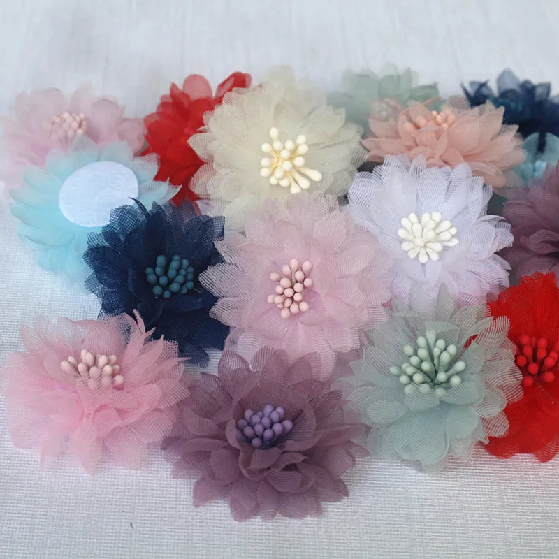 10Pcs 4CM Handmade Chiffon Fabric Cored Flowers For DIY Hair Accessories Hats Headband Wedding Dress Decoration