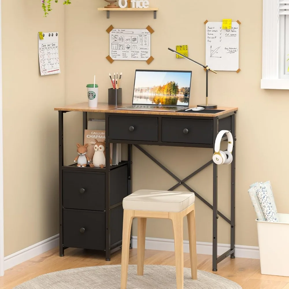 Small Computer Desk with 4 Fabric Drawers, Simple Writing Desk for Home Office, Compact Study Desks for Small Spaces, Kids Desk