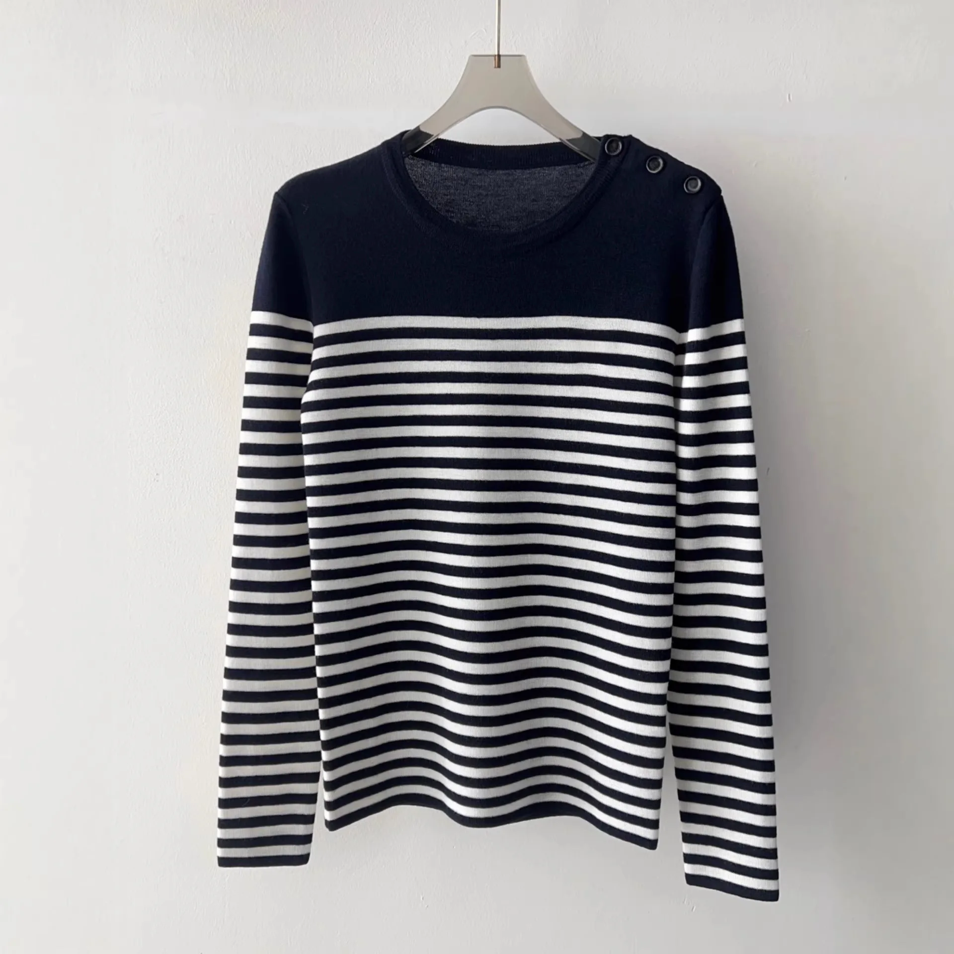 

Spring New Arrival Women's Knitted Wool Sweater Long Sve Button Basic Sle Medium Thin Retro Sle Striped Pattern