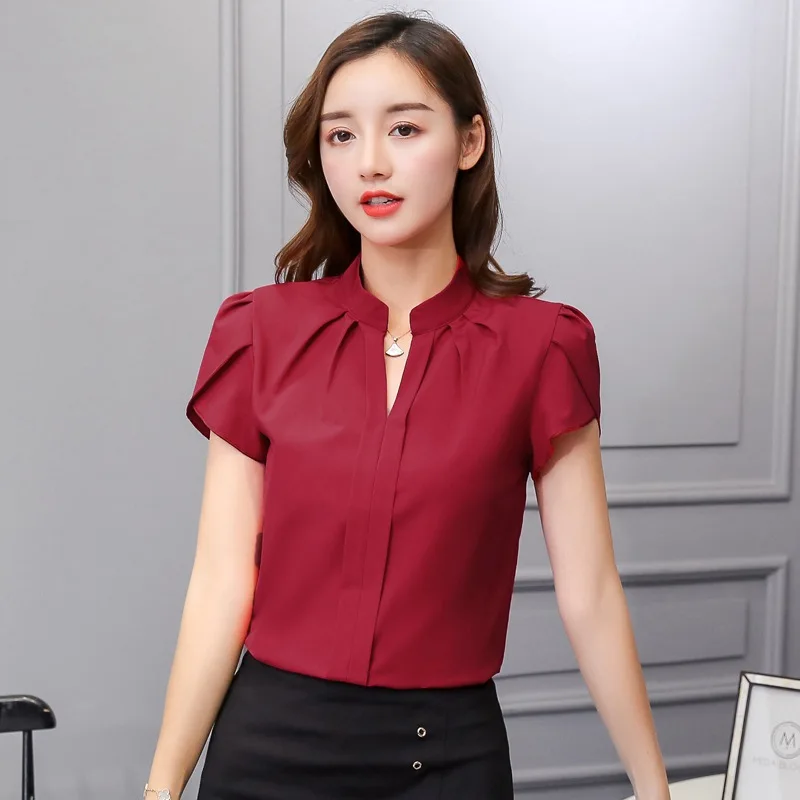 Women Casual Chiffon Shirt Summer Short Sleeve Elegant Blouse Ladies Formal Office Chiffon Tops Solid Color Loose Tops