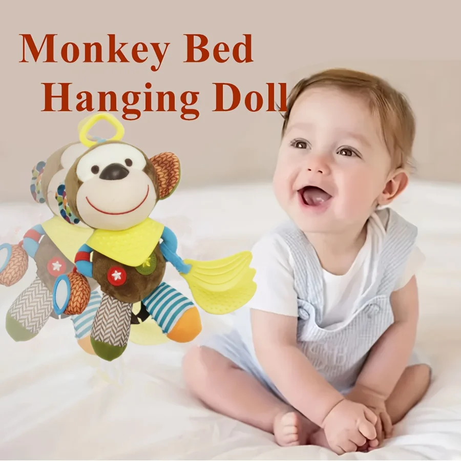 1モンキーベッドハンギングドール、0～3歳向けの柔らかいぬいぐるみ動物のおもちゃ、幼児を落ち着かせるおもちゃ、誕生日に最適