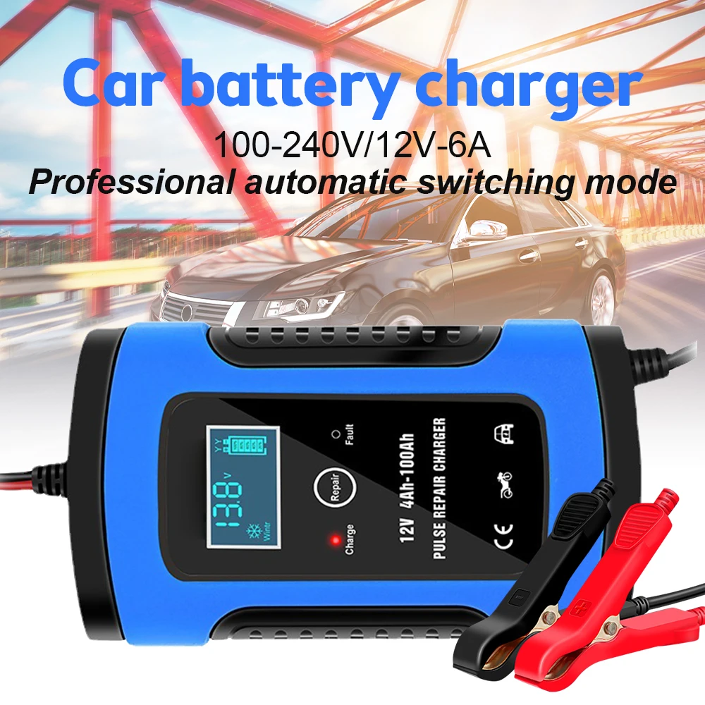 Full Automatic Car Battery Charger 110V to 220V To 12V 6A Intelligent Fast Power Charging Wet Dry Lead Acid Digital LCD Display