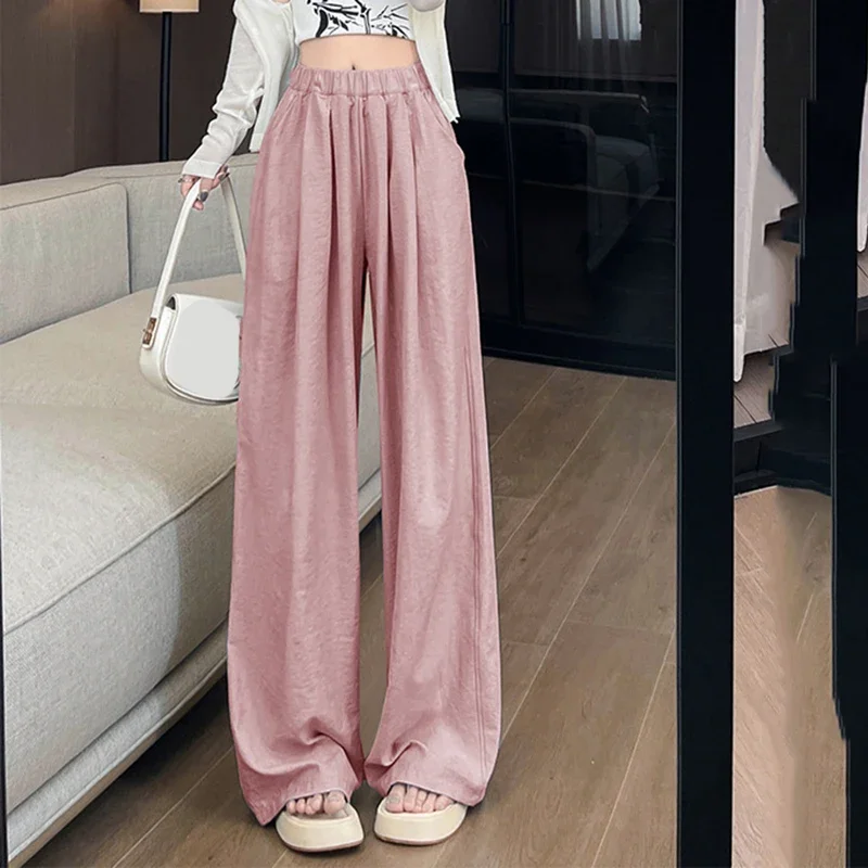Pantalones de pierna ancha rectos suaves de Color liso para Mujer, pantalones holgados coreanos elegantes con cintura elástica, pantalones largos holgados que combinan con todo para Mujer
