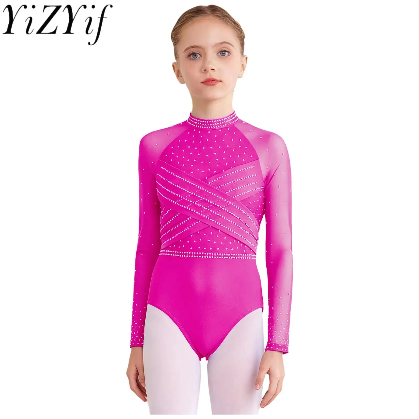 

Kids Girls Lyrical Mesh Ballet Gymnastics Dancing Leotard Long Sleeves Sequins Decor Bodysuit for Ballet Performance Dancewear