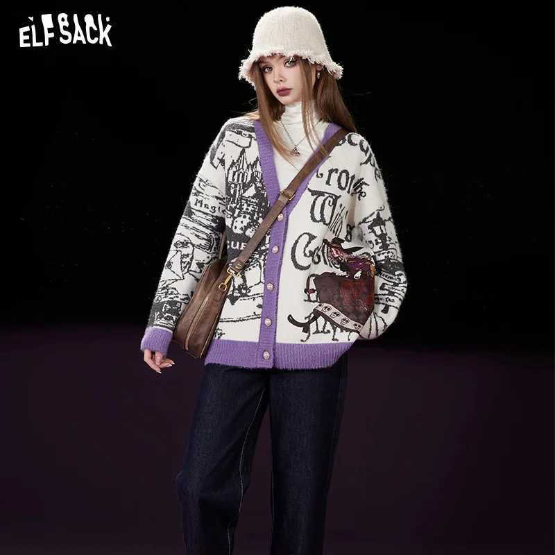 ELFSACK-Malhas coloridas de manga comprida feminina, outerwear estilo acadêmico, inverno, 2023