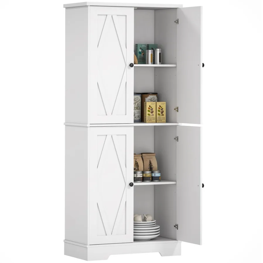 

HOMCOM 71 White Farmhouse Kitchen Pantry Freestanding 4 Door Storage Cabinet Adjustable Shelves
