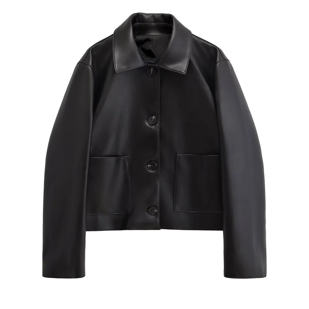 PB&ZA2024 Autumn New Women\'s Fashion Style Casual Versatile Solid Color Single breasted Collar Leather Jacket